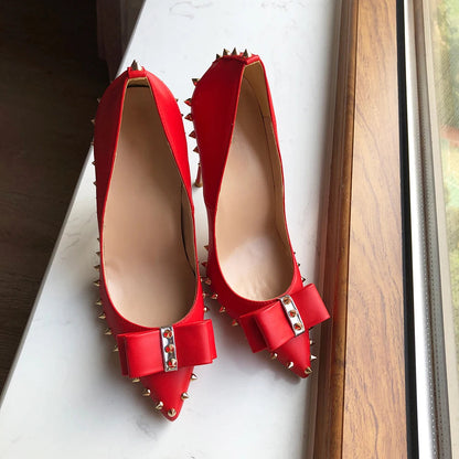 Red Matte Pointy Toe High Heel Shoes with Bow Spikes Rivets Stiletto Pumps for Women