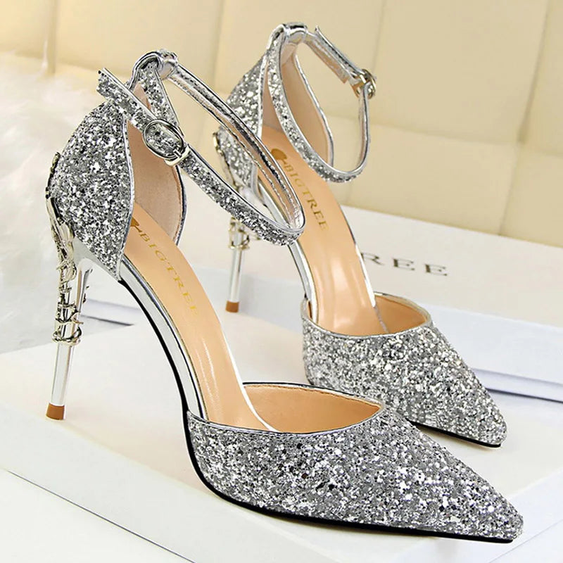 Sequined High Heel Stiletto Pumps in Gold and Silver