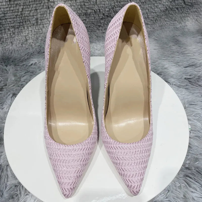 Embossed Pink Fabric Pointy Toe High Heel Party Wedding Shoes for Women