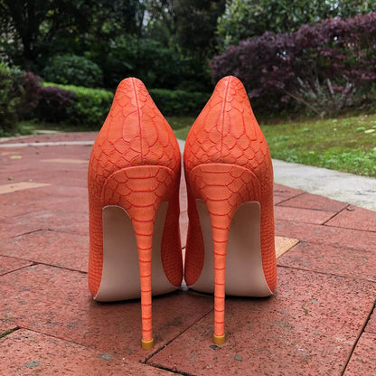 Orange Croc-Effect Pointy Toe High Heels for Women