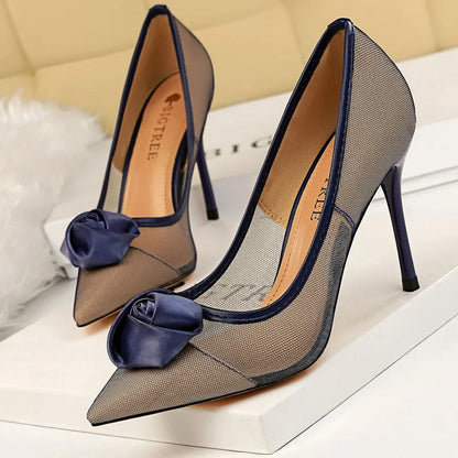 Sexy Party Rose Flower Woman Pumps with Mesh Hollow High Heels
