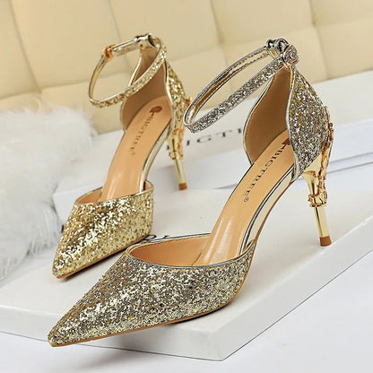 Sequined High Heel Stiletto Pumps in Gold and Silver