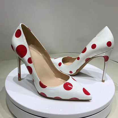 Red Polka Dot White Patent Pointy Toe High Heels for Women