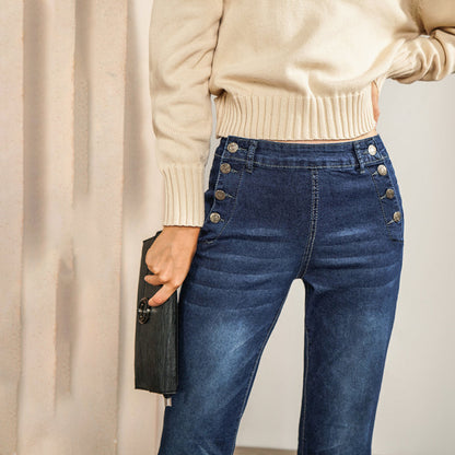 Julia Fashion - High Waist Button Side Slim Fit Long Jeans