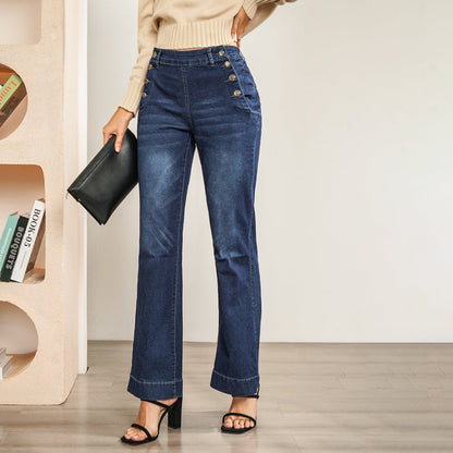 Julia Fashion - High Waist Button Side Slim Fit Long Jeans