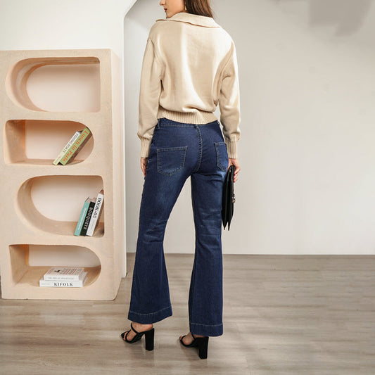 Julia Fashion - High Waist Button Side Slim Fit Long Jeans
