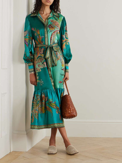 Holiday Collared Single Placket Lantern Sleeve Long Sleeve Vintage Printing Dress