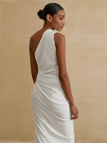 Hollow One Shoulder White Midi Dress