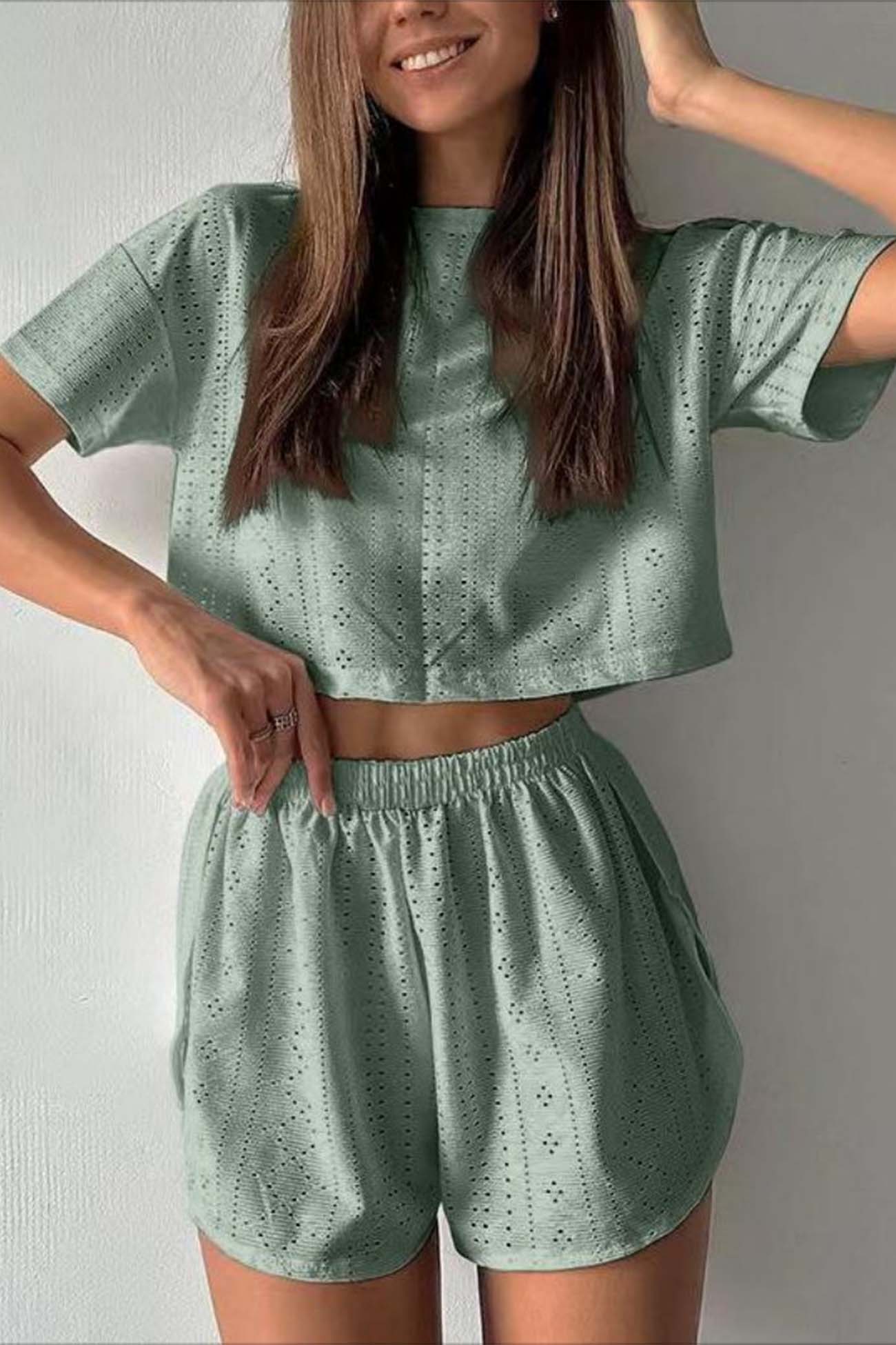 Hollow Short Sleeve Crop Top Shorts Set