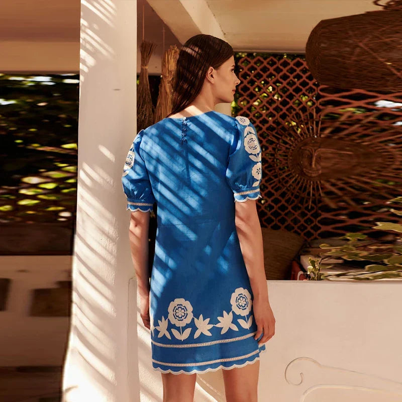 Floral Embroidery Puff Sleeve Scalloped Hem Mini Dress