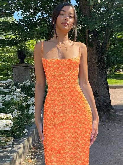 Scoop Neck Spaghetti Strap Ruched Side Floral Bodycon Midi Dress