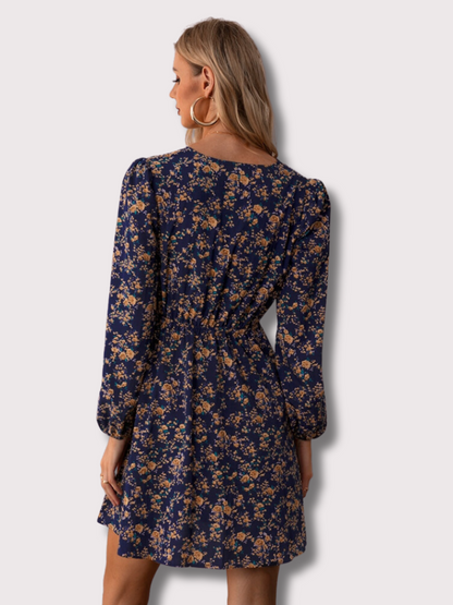 Ditsy Floral Square-Back Long Puff Sleeve Smocked Waist A-Line Mini Dress
