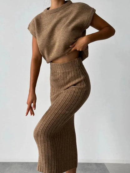 Chunky Knit Tank Top and High Waist Midi Knit Skirt Matching Set