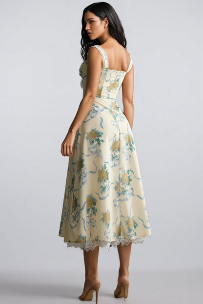 Caelu Floral Print Sweetheart Midi Dress