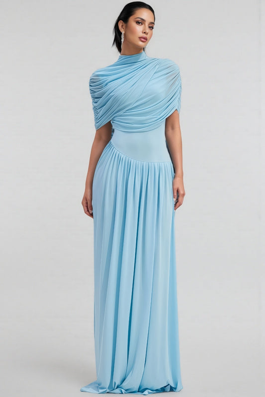 Vailtry Blue Shawl-Style Pleated Maxi Dress