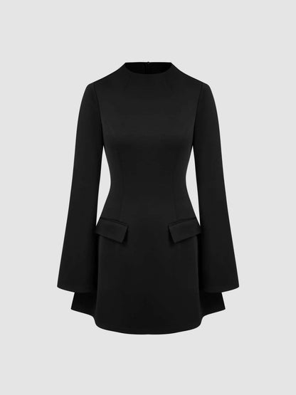 High Neck Solid Long Sleeve Mini Dress