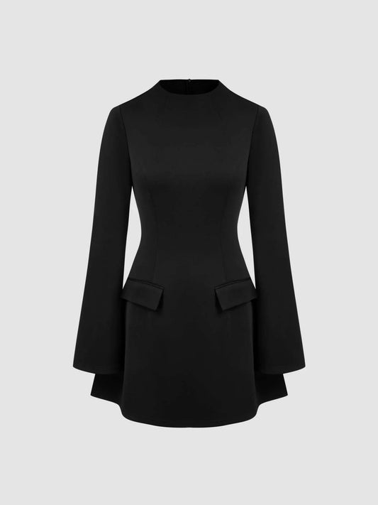 High Neck Solid Long Sleeve Mini Dress
