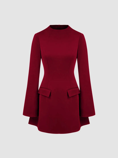 High Neck Solid Long Sleeve Mini Dress