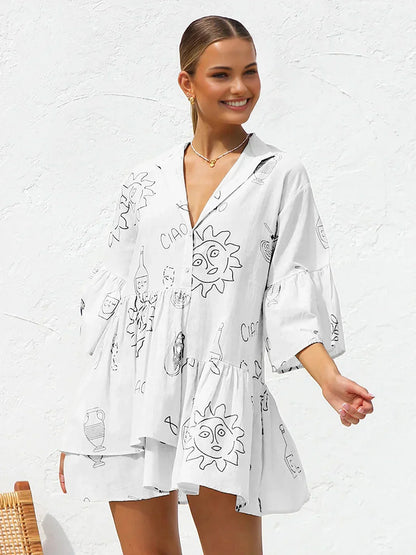 Casual Style Oversized Sun Print Short Dress