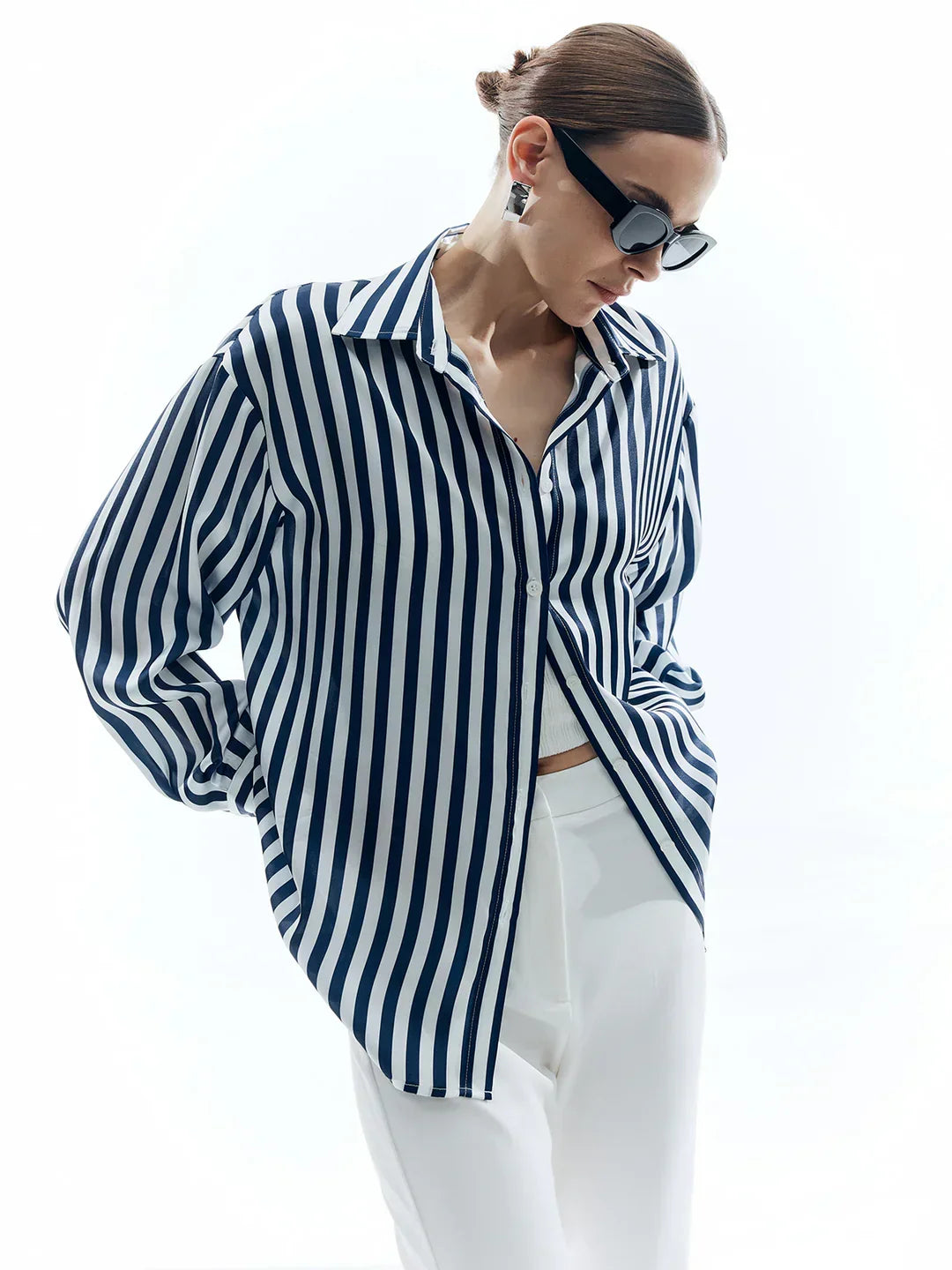 Elegant Style Shift Stripe Turndown Collar Shirt