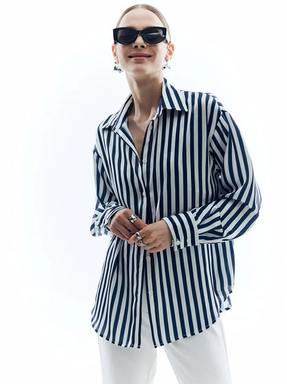 Elegant Style Shift Stripe Turndown Collar Shirt