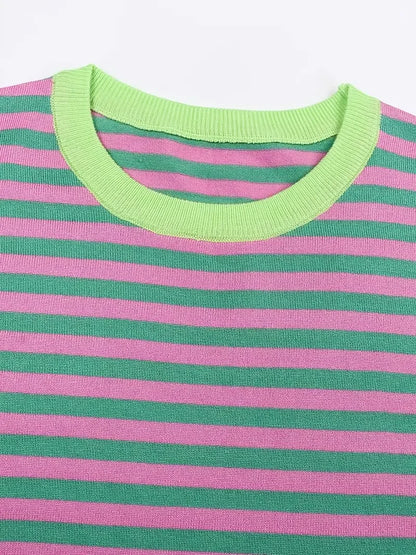 Contrast Color Round Neck Striped Knitted Top