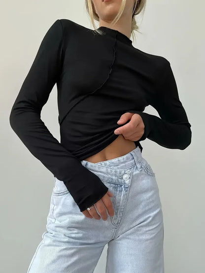 Solid Color Long-sleeved Elastic Slim-fit Basic Hedging Top