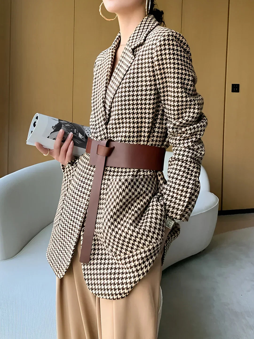 Elegant Style Houndstooth Split Blazer With Belt