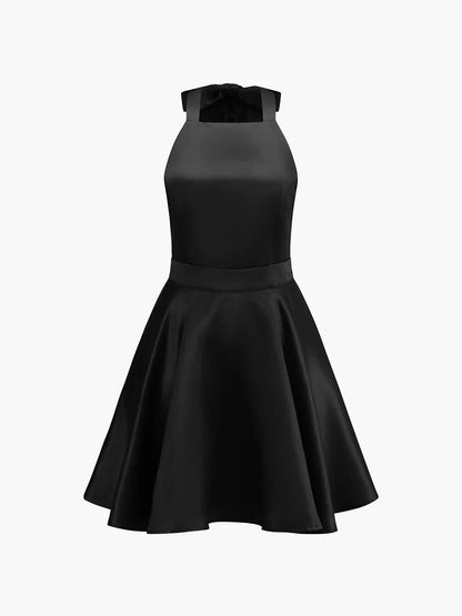 Satin Knotted Double Pockets Open Back Pleated Mini Dress