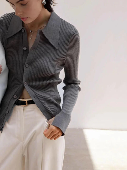 Oldmoney Style Ribbed Lapel Slim Cardigan