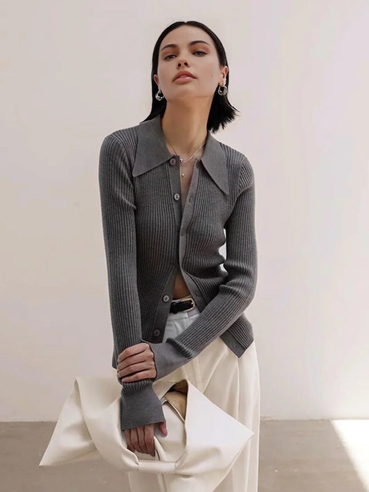 Oldmoney Style Ribbed Lapel Slim Cardigan
