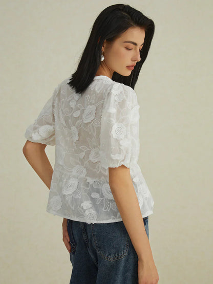 Embroidered Tie-Front Blouse | Puff Sleeve | Sheer Floral