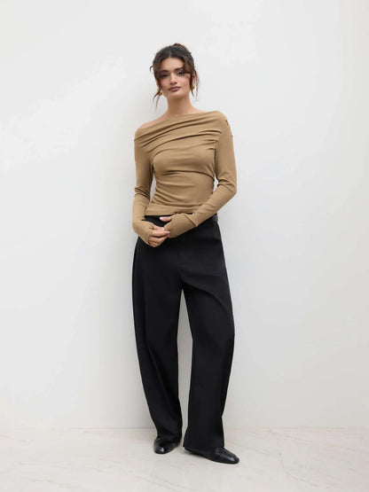 Solid Asymmetrical Neck Long Sleeve Top