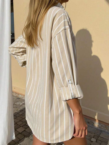 Beige Striped Button-Down Relaxed Shirt