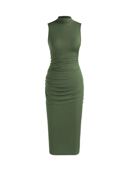 Sleeveless Round Neck Pleated Slit Dress