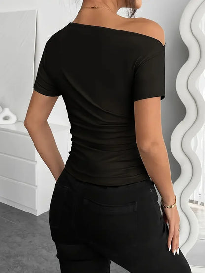 Slim-fit Pleating Irregular Short-sleeved Top