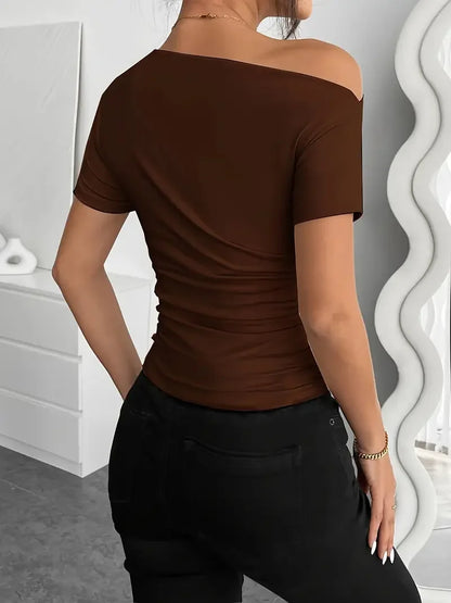 Slim-fit Pleating Irregular Short-sleeved Top