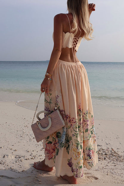 Cabo Sunsets Floral Print Petal Trim Back Lace-up Midi Dress