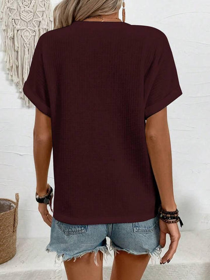 Batwing Sleeve Solid Color V-neck Button Top