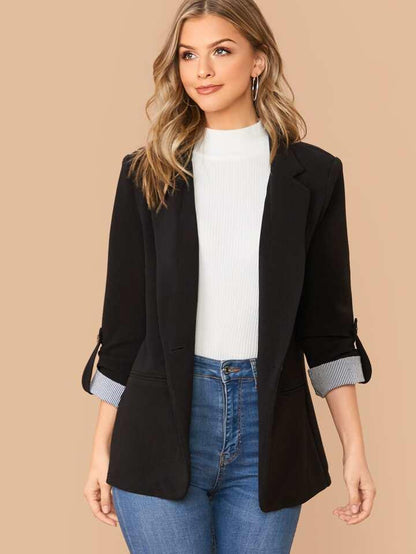 Lapel Notch Collar Roll Tab Sleeve Blazer