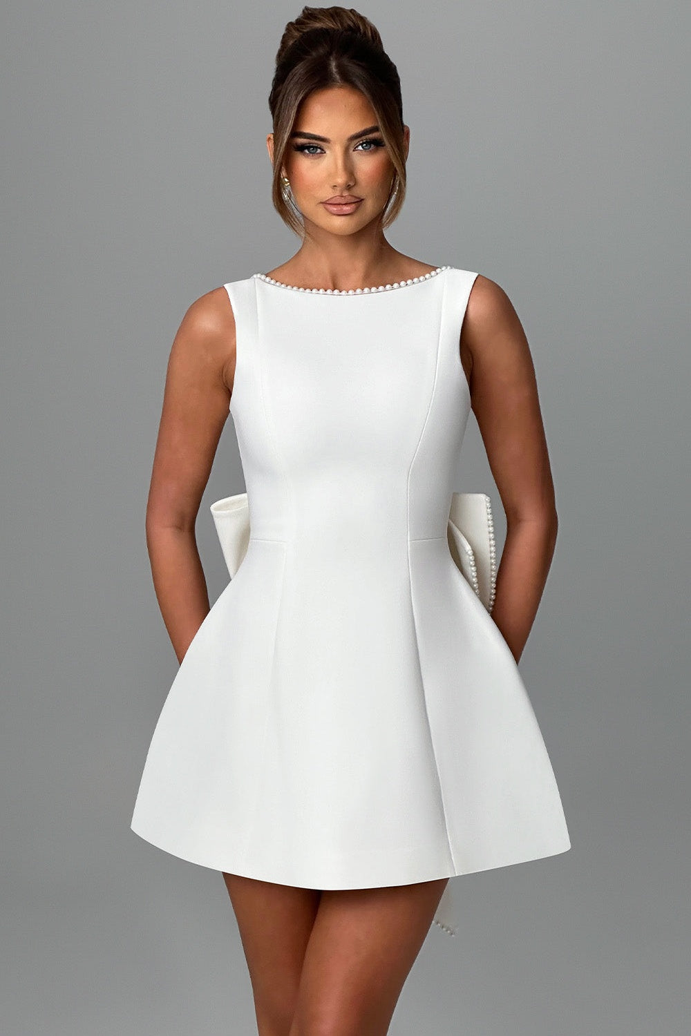 Pearl Trim Deep Scoop Back Oversized Bow Mini Dress