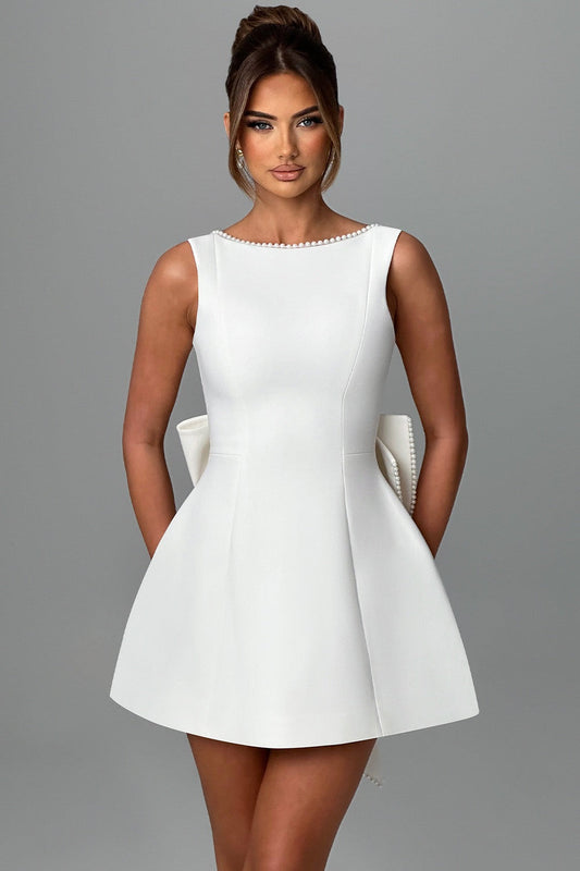 Pearl Trim Deep Scoop Back Oversized Bow Mini Dress