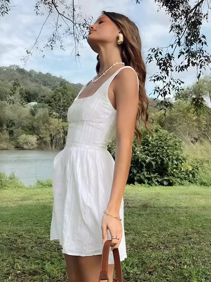 Semi-Sheer Solid Square Neckline Short Dress