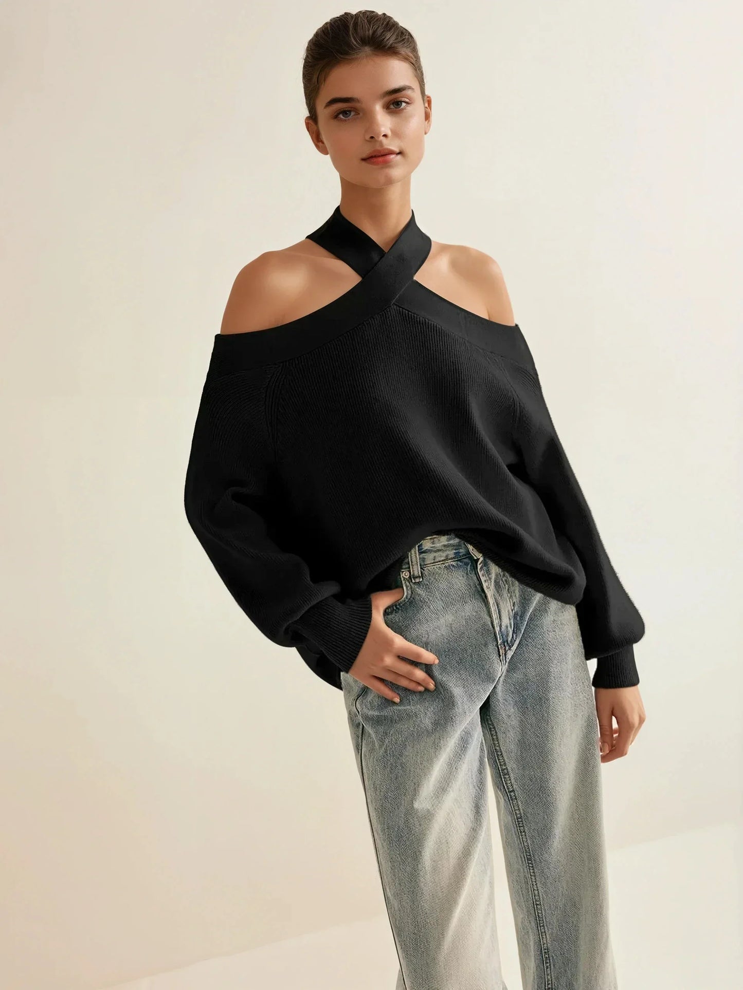 Off-Shoulder Crisscross Knit Sweater Top
