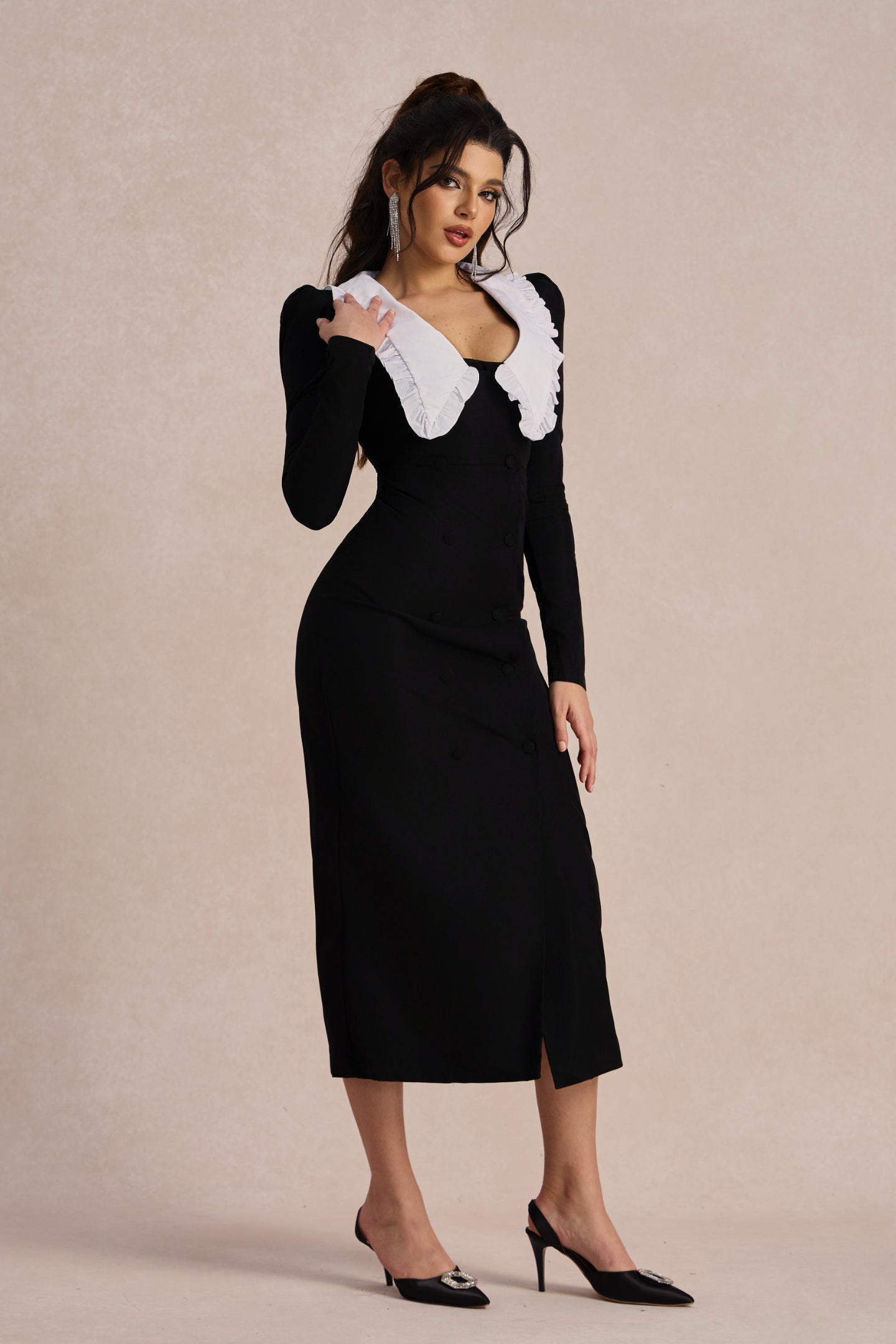 Peter Pan Collar Puff Shoulder Double Breasted Button High Slit Midi Dress