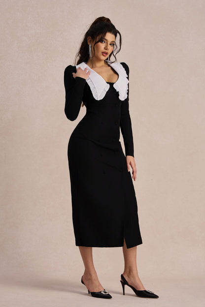 Peter Pan Collar Puff Shoulder Double Breasted Button High Slit Midi Dress