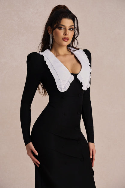 Peter Pan Collar Puff Shoulder Double Breasted Button High Slit Midi Dress