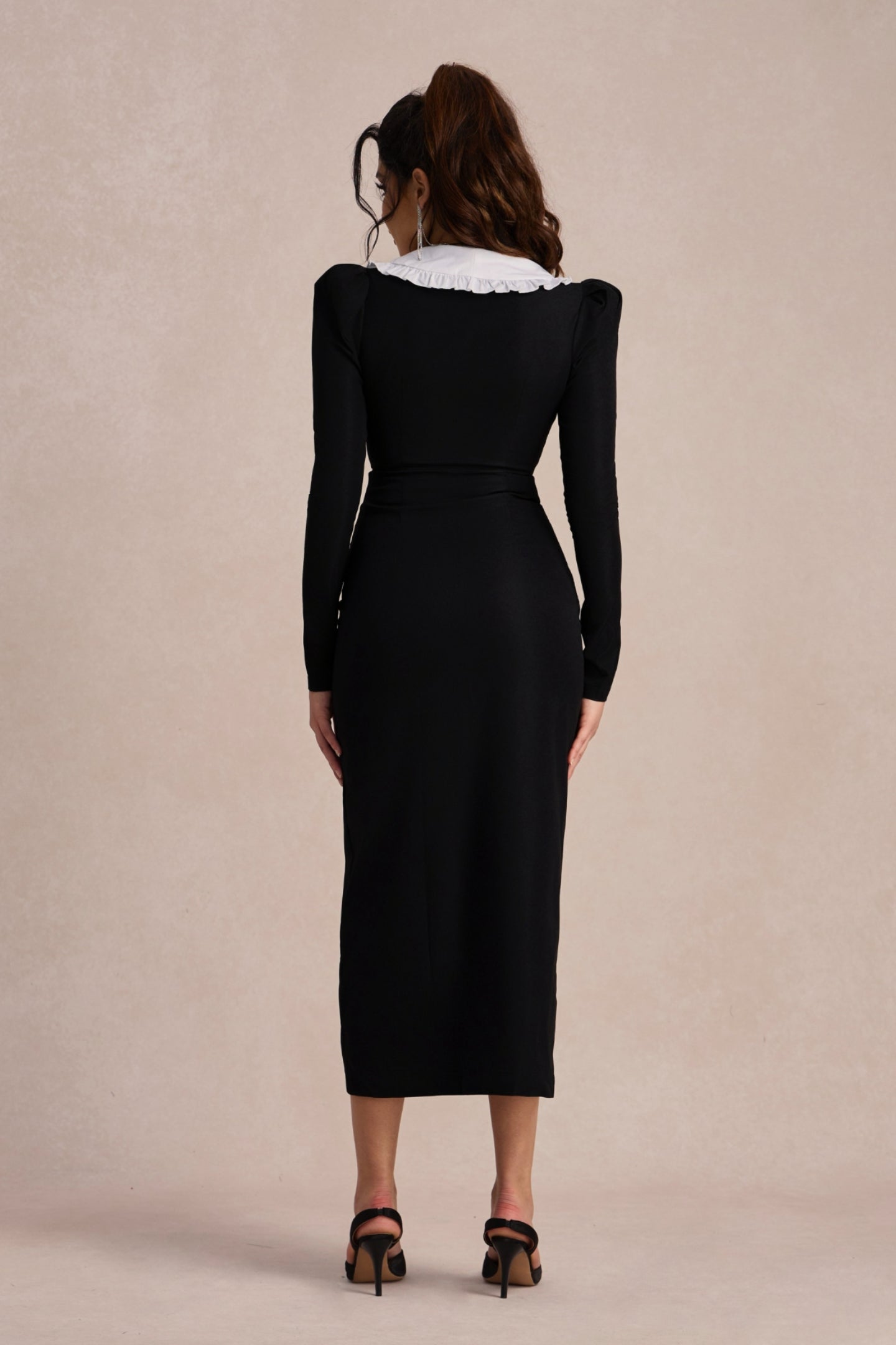 Peter Pan Collar Puff Shoulder Double Breasted Button High Slit Midi Dress