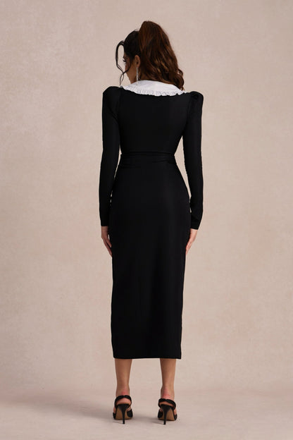 Peter Pan Collar Puff Shoulder Double Breasted Button High Slit Midi Dress
