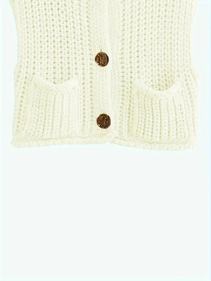 Pocket Sleeveless Short Knitted Cardigan Vest